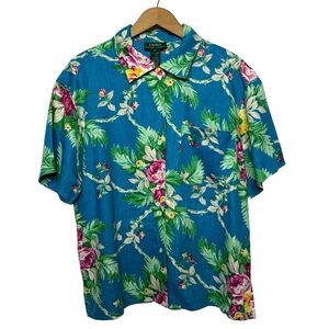 Lauren Ralph Lauren 100% Linen Tropical Botanical Floral Button Down Top Size 8